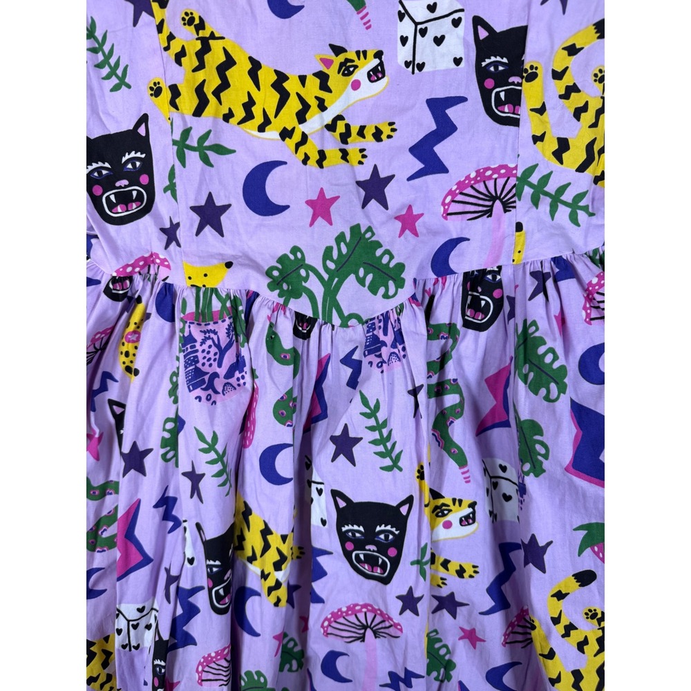 k35: Nooworks Magic Cat Tiger Mushroom Print Dress Size Medium Sleeveless - Picture 2 of 5